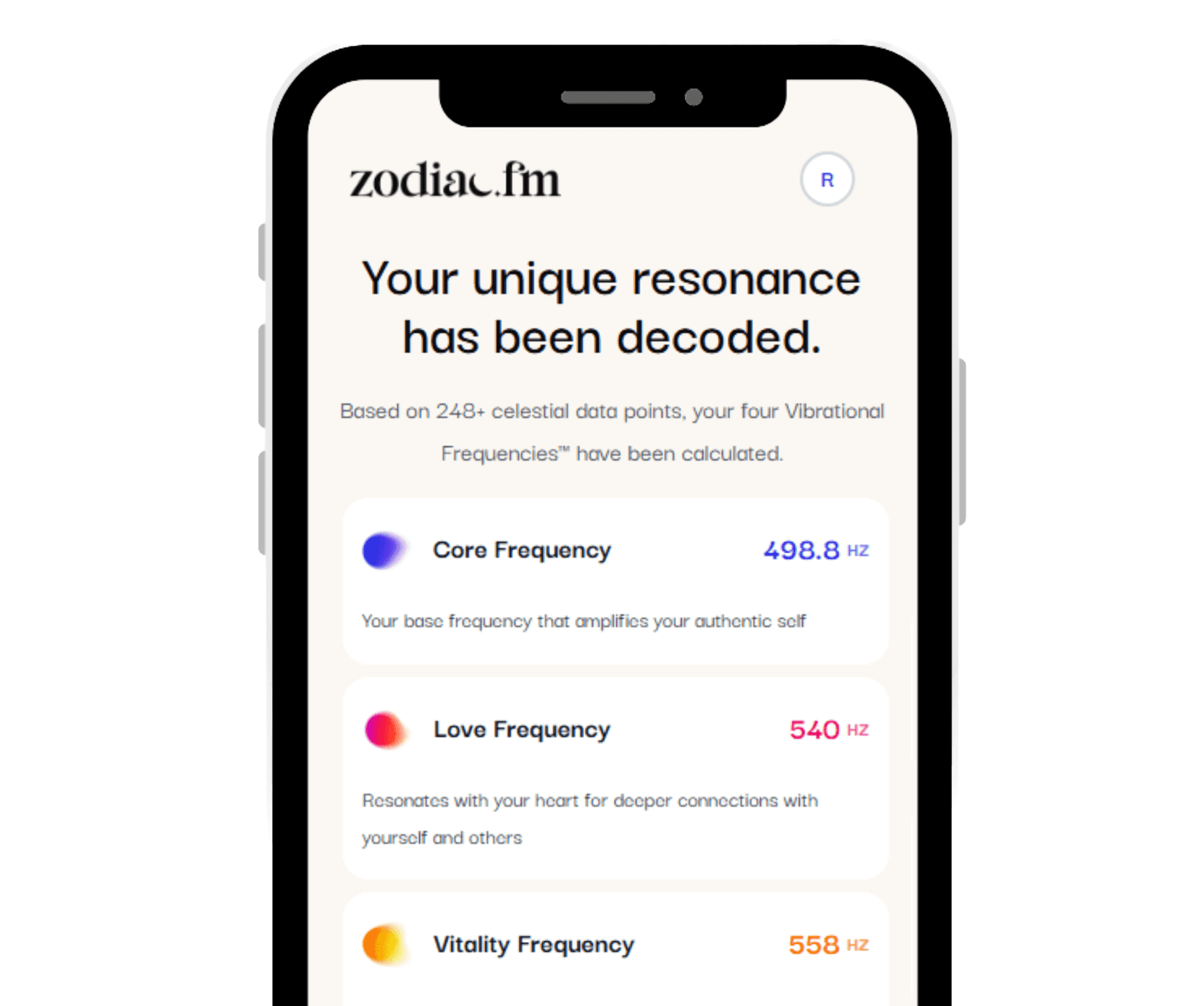 Mobile app showing decoded vibrational frequencies